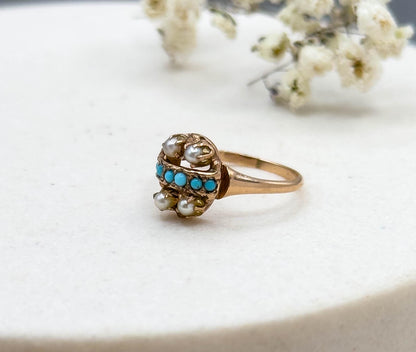Antique Victorian Turquoise & Seed Pearl Ring in 9K Gold Split Seed Pearl 1800s