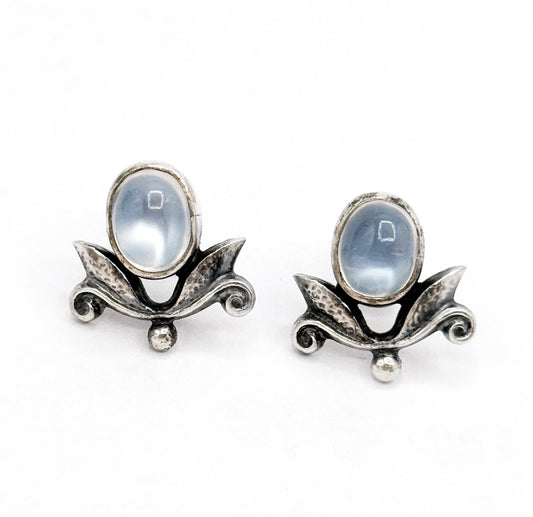 Vintage Art Nouveau Moonstone Stud Earrings: Silver Foliate Floral Design