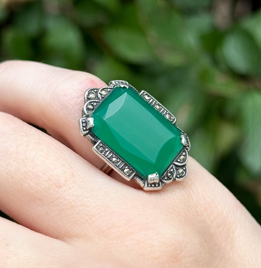 Antique Art Deco Chrysoprase & Marcasite Ring in Sterling Silver 1920s Cocktail Ring