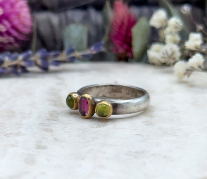 Handmade Three-Stone Peridot Garnet Ring Sterling Silver 22K Gold