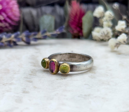 Handmade Three-Stone Peridot Garnet Ring Sterling Silver 22K Gold