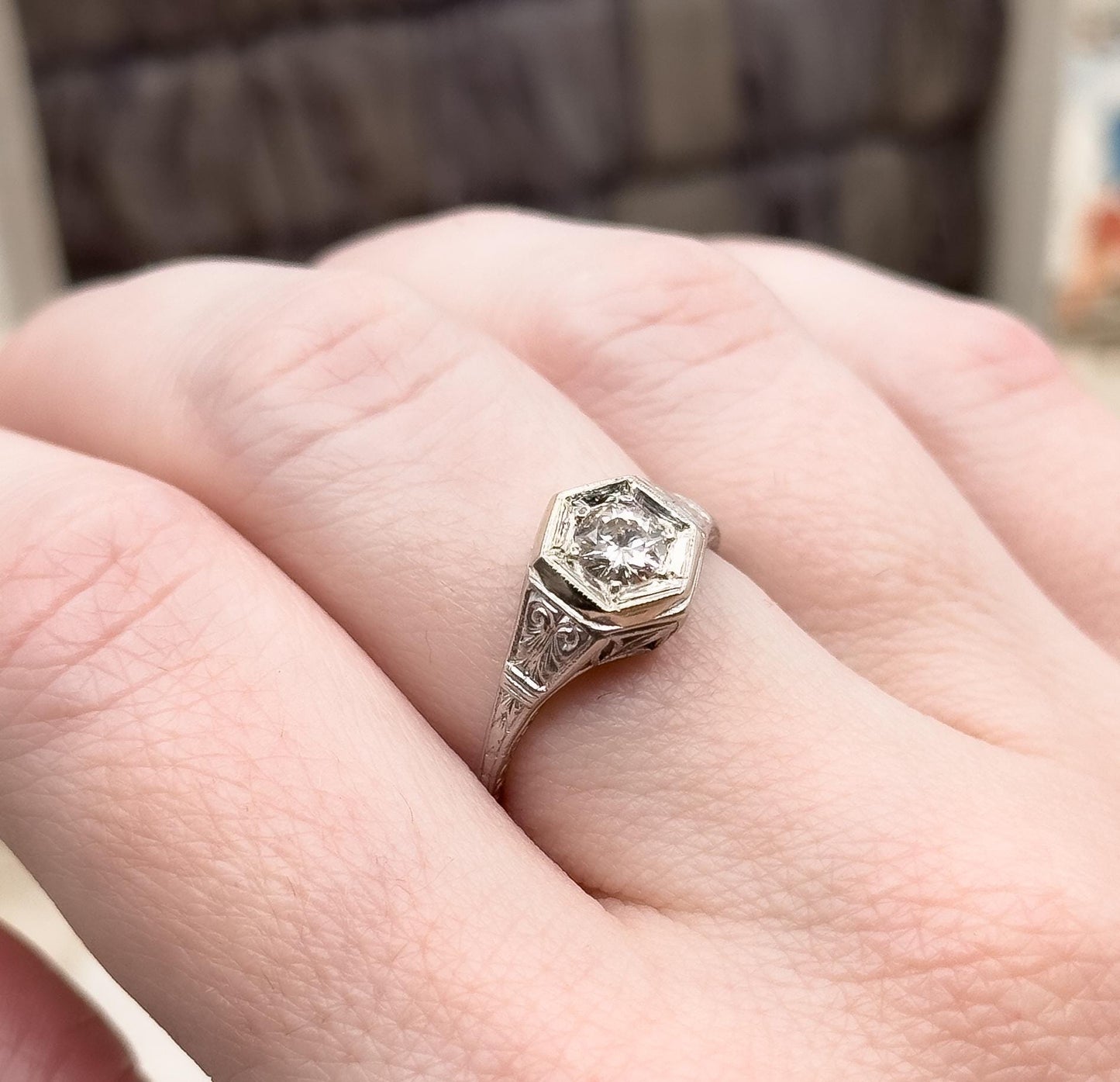 Art Deco Platinum Diamond Ring Filigree Hexagon Setting 1920s Engagement Ring Half Carat Round Brilliant Size 6.75 Vintage Bridal