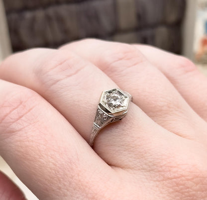 Art Deco Platinum Diamond Ring Filigree Hexagon Setting 1920s Engagement Ring Half Carat Round Brilliant Size 6.75 Vintage Bridal