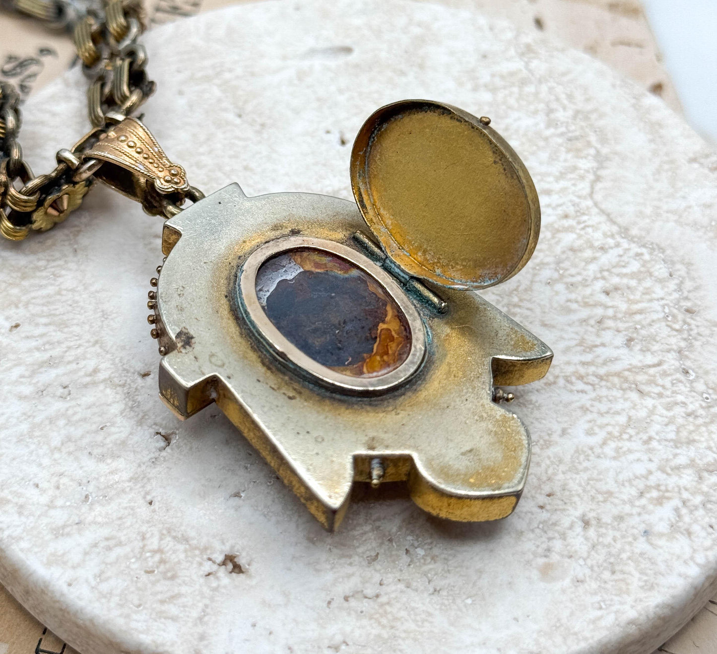 Antique Enamel Locket on Floral Book Chain Necklace - As Is