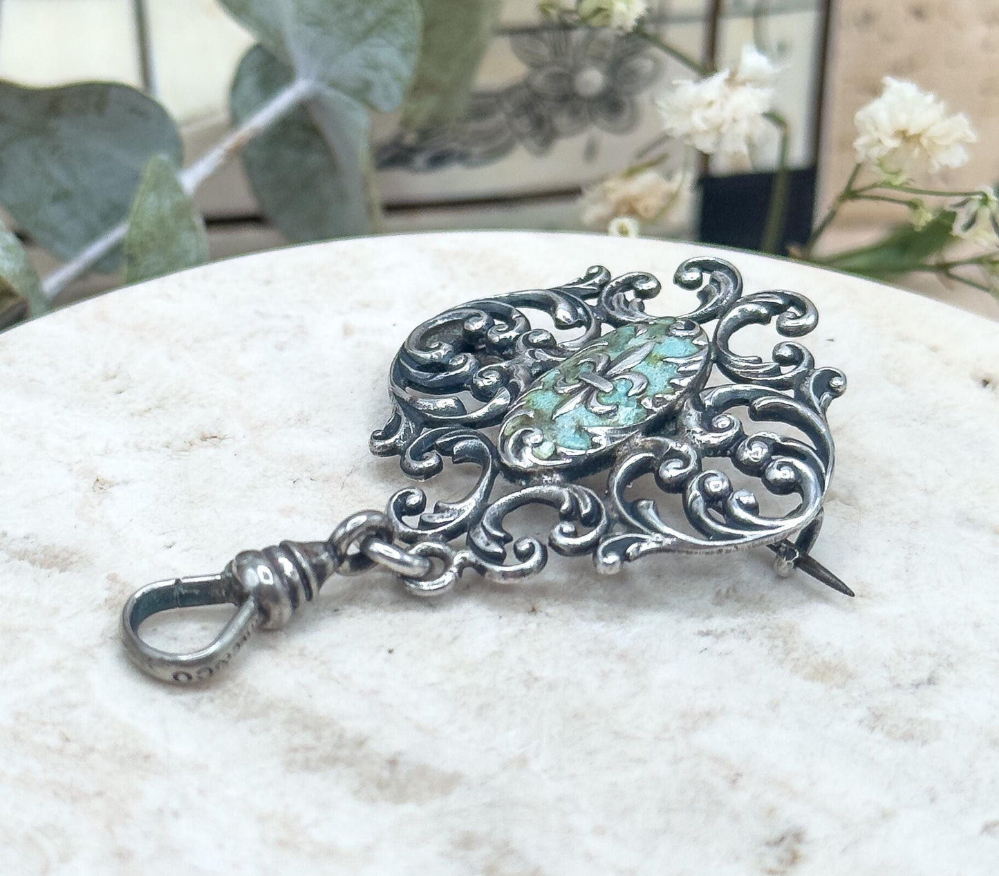 Victorian Watch Pin with Swivel Clasp in Blue Enamel Brooch