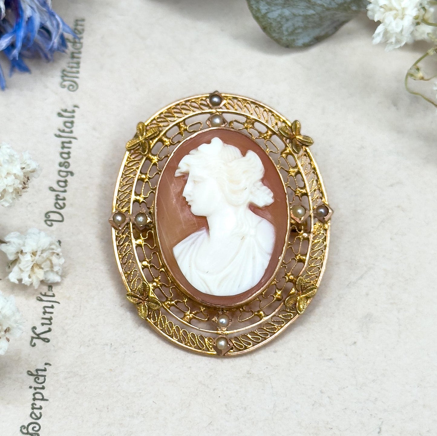 Antique Diana Cameo Brooch: 10K Gold Filigree, Seed Pearls