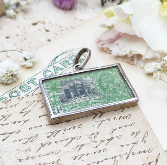 Vintage India Postage Stamp In Silver Frame Locket