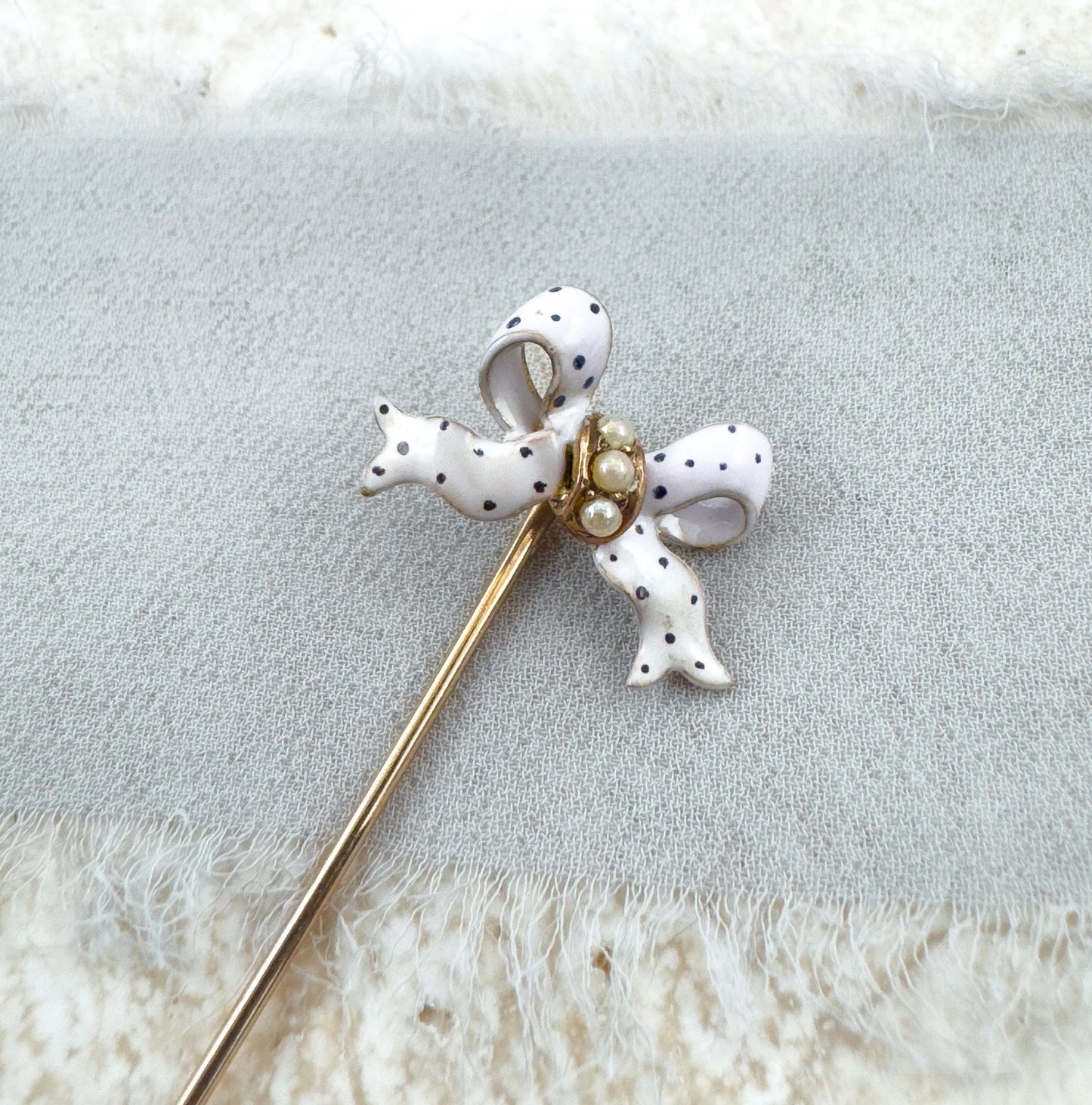 Victorian Bow Pin with Polka Dot Enamel & Seed Pearls in 15K Gold