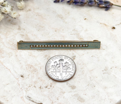 Antique Enamel Bar Brooch in 10K Yellow Gold with Seed Pearls Greek Key