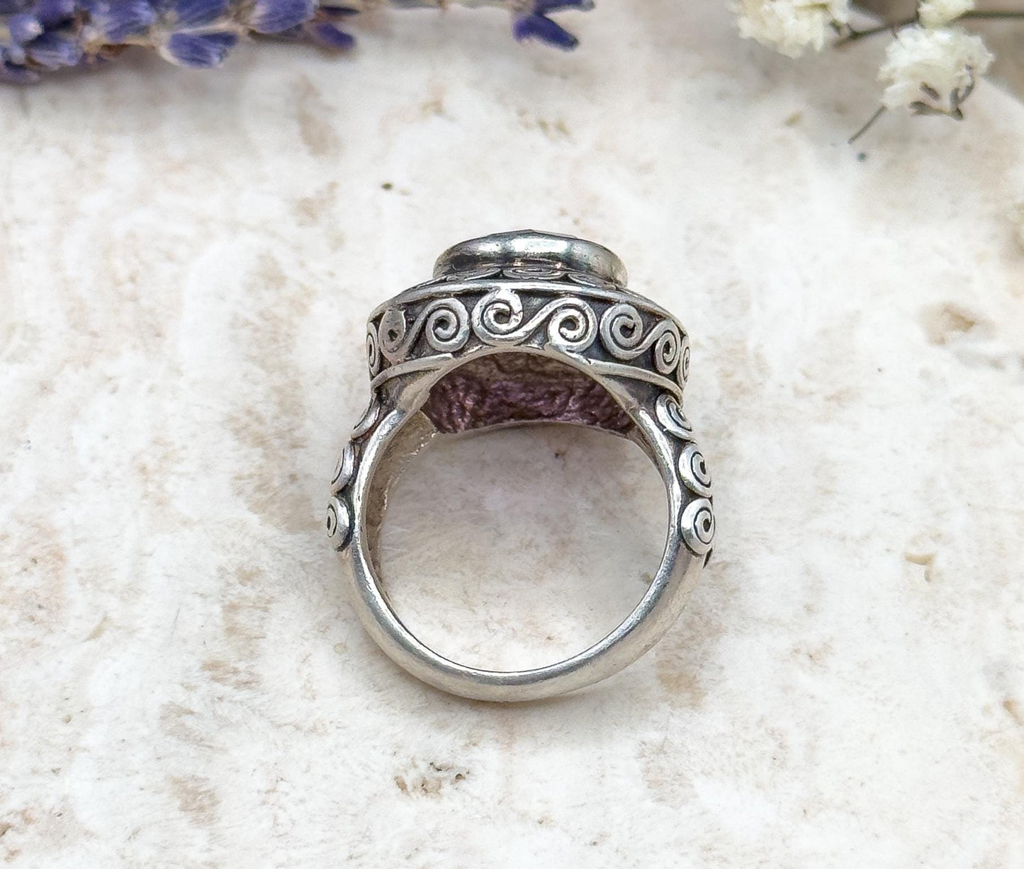 Vintage Checkerboard Amethyst Swirl Design Ring in Sterling Silver Chunky