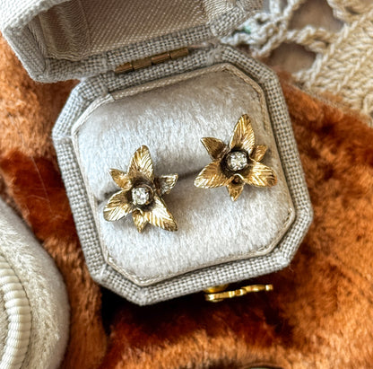 Vintage Diamond Trillium Flower Earrings in 14K Gold