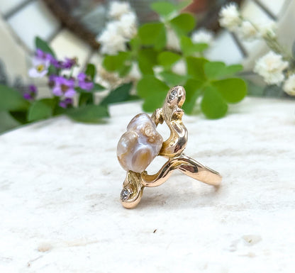 Antique Art Nouveau Baroque Pearl Ring with Old European Cut Diamonds
