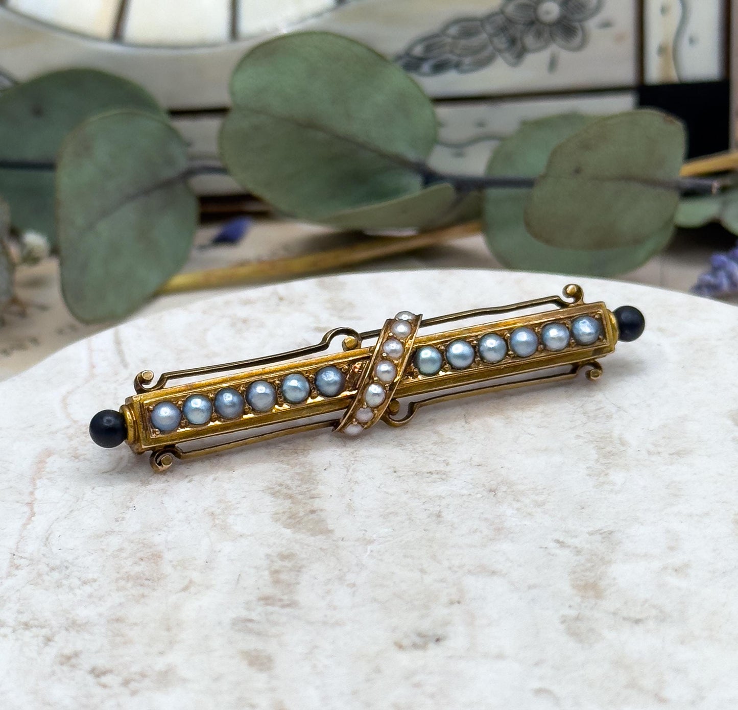 Victorian 14K Gold Bar Brooch: Seed Pearls & Black Enamel