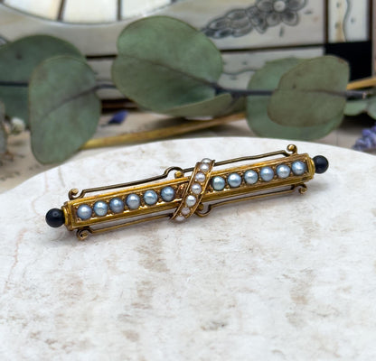 Victorian 14K Gold Bar Brooch: Seed Pearls & Black Enamel