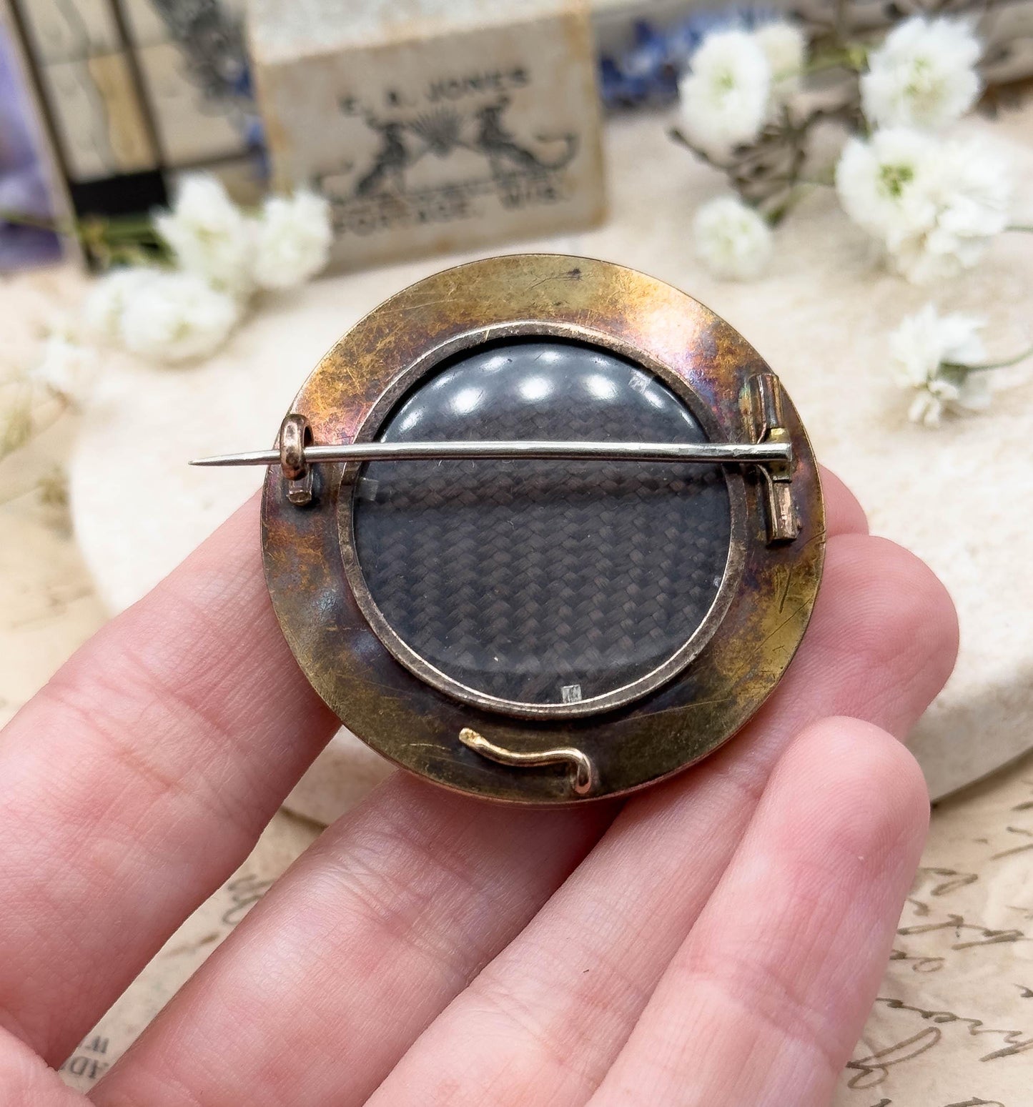 Antique Victorian Mourning Brooch in 14K Gold Etruscan Revival Woven Hair Locket Sentimental Jewelry