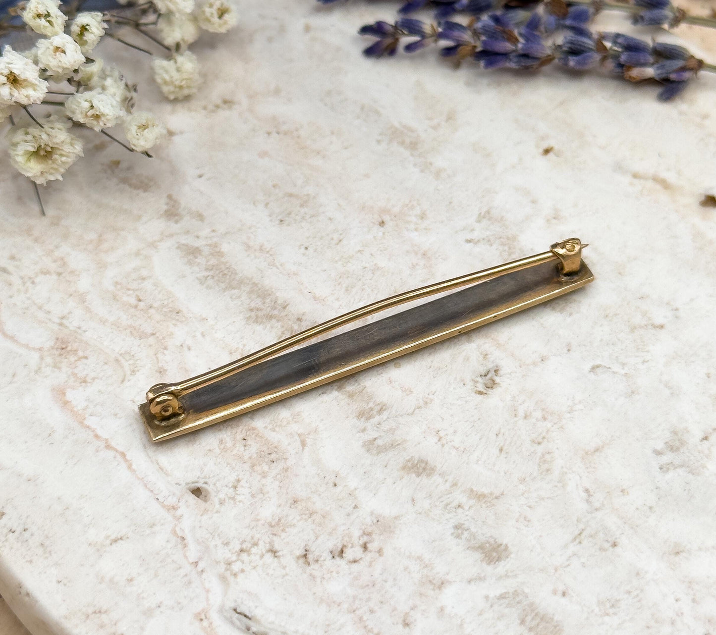 Antique Enamel Bar Brooch in 10K Yellow Gold with Seed Pearls Greek Key