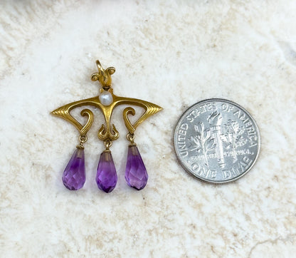 Antique Art Nouveau Pendant w Amethyst Briolette Drops in 14K Yellow Gold Jugenstil