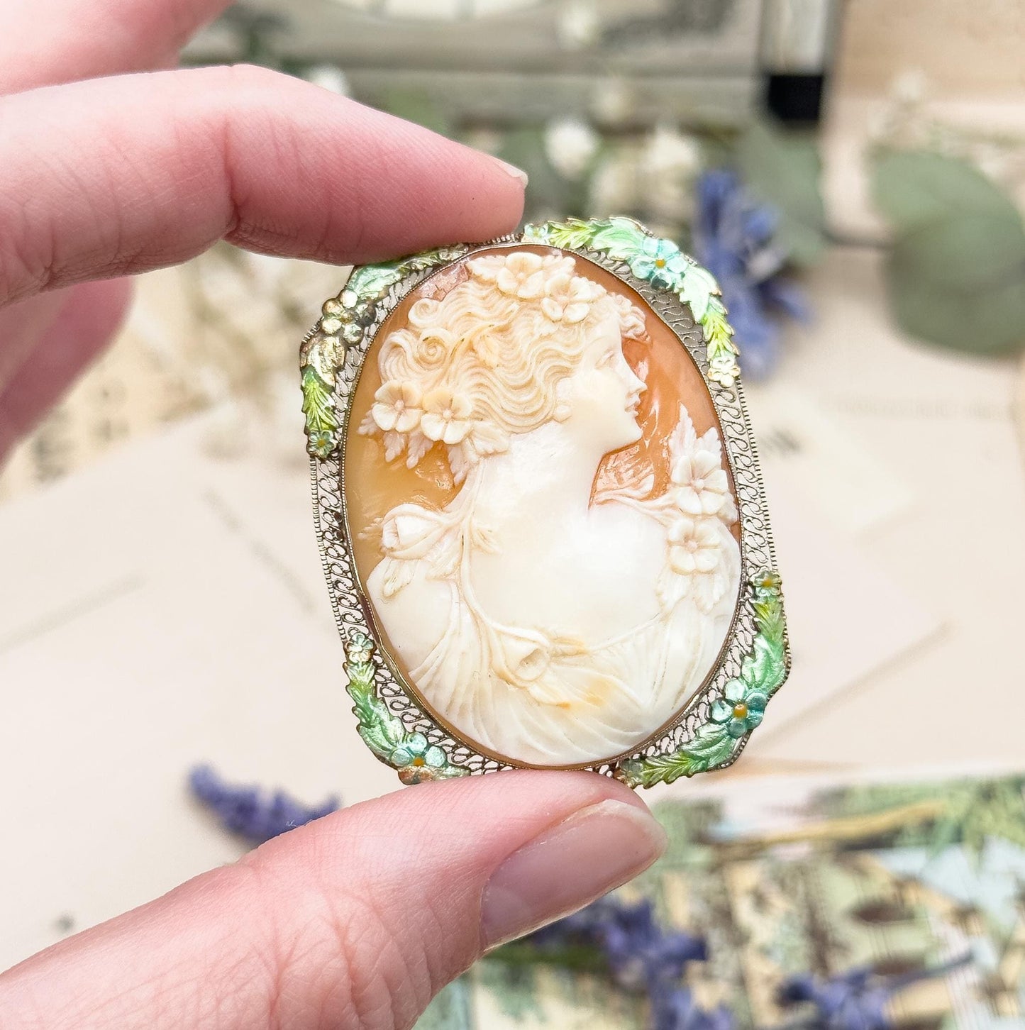 Edwardian Carved Cameo Flora in White Gold w Enamel Details