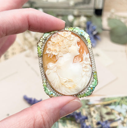 Edwardian Carved Cameo Flora in White Gold w Enamel Details