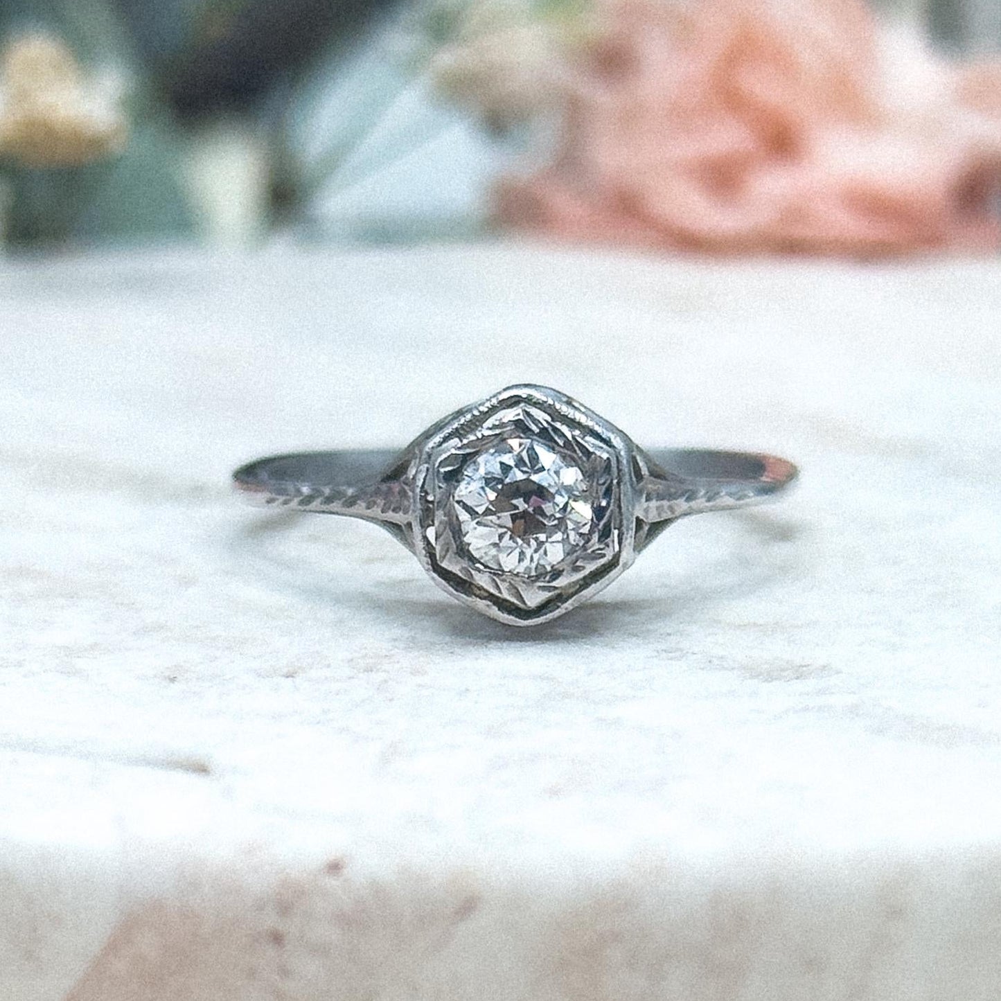 Antique Art Deco Filigree engagement ring in 14K / 10K White Gold Old European Cut