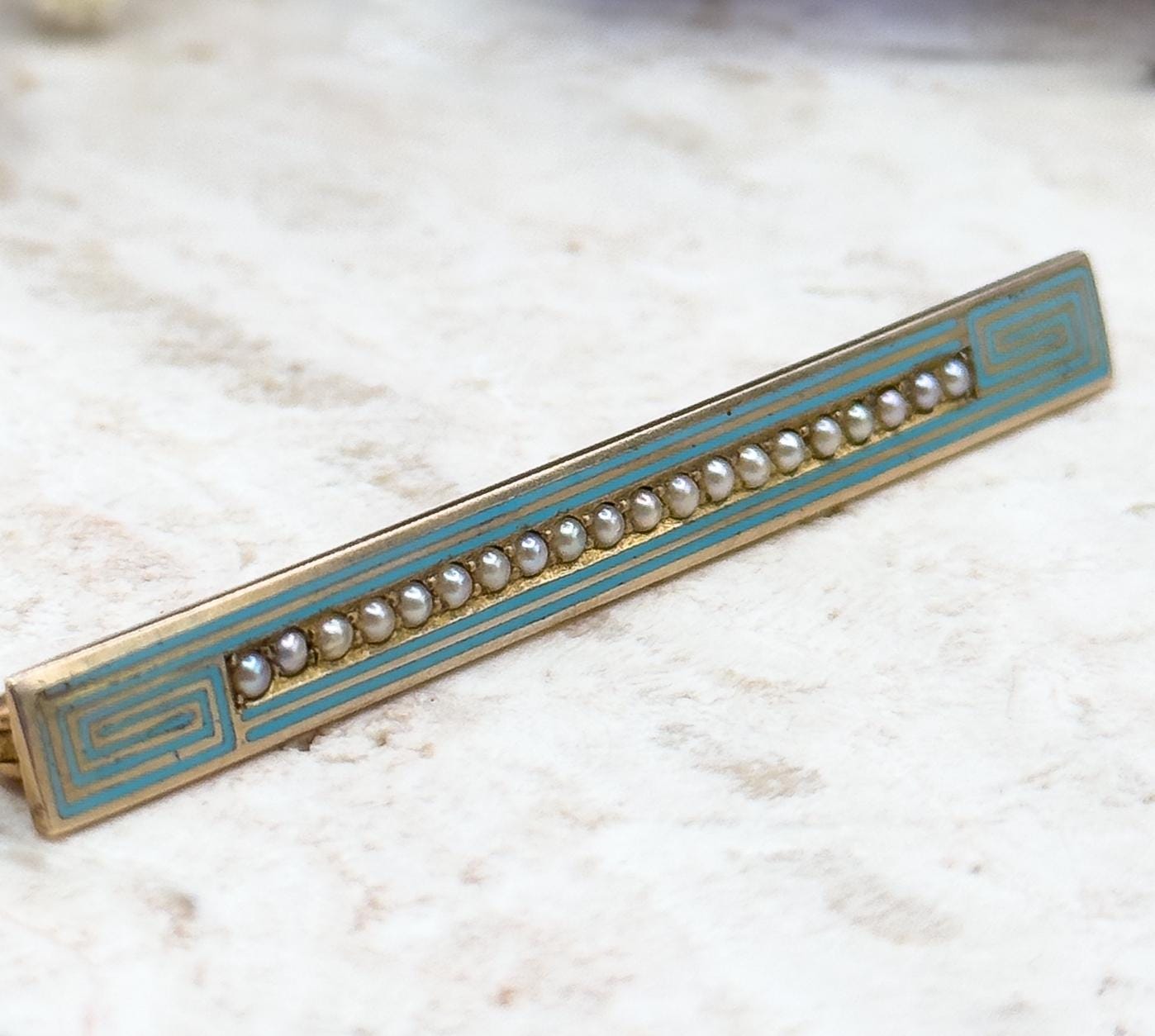 Antique Enamel Bar Brooch in 10K Yellow Gold with Seed Pearls Greek Key
