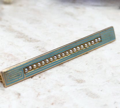 Antique Enamel Bar Brooch in 10K Yellow Gold with Seed Pearls Greek Key