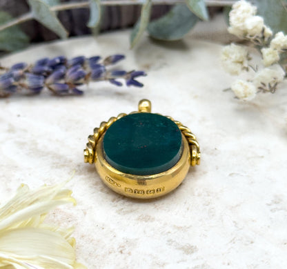 Antique Edwardian Bloodstone Spinner Fob in 18K Yellow Gold Fully hallmarked