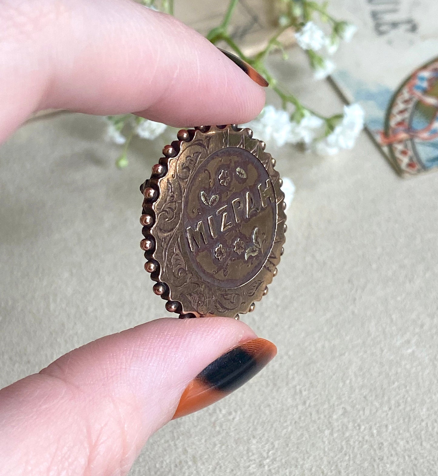 Victorian Mizpah Brooch in 9K Rose Gold, Edwardian Hallmarked