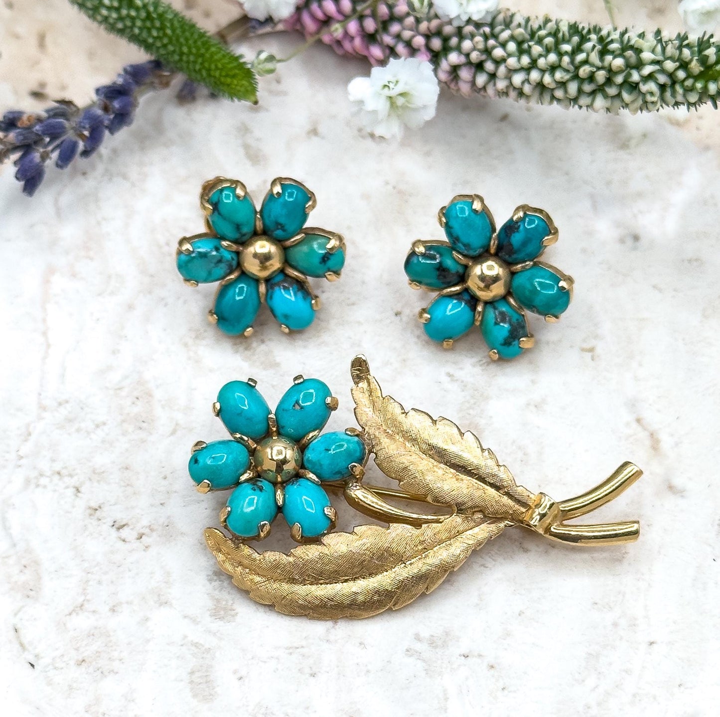 Vintage MidCentury Brooch  & Earring Set with Turquoise in 14K Yellow Gold
