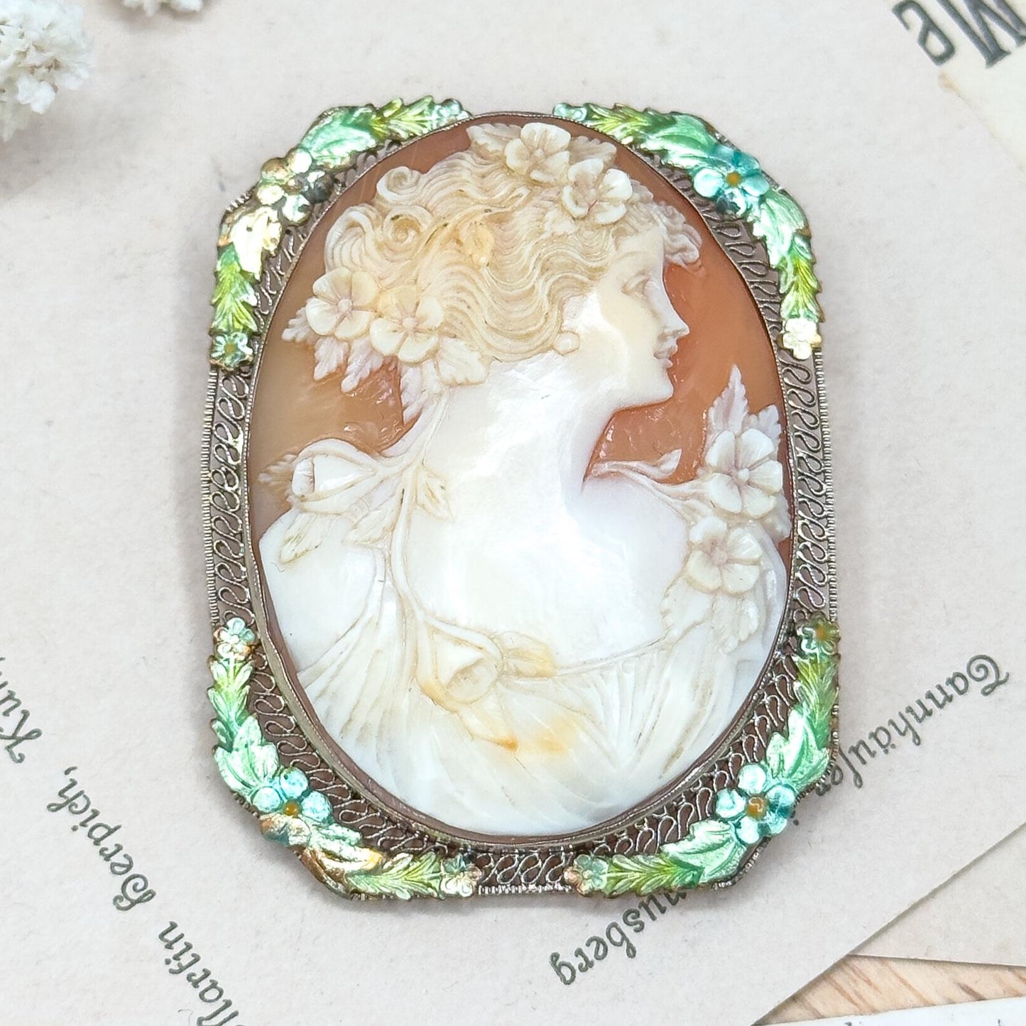 edwardian cameo neoclssical flora brooch with filigree white gold enamel 
