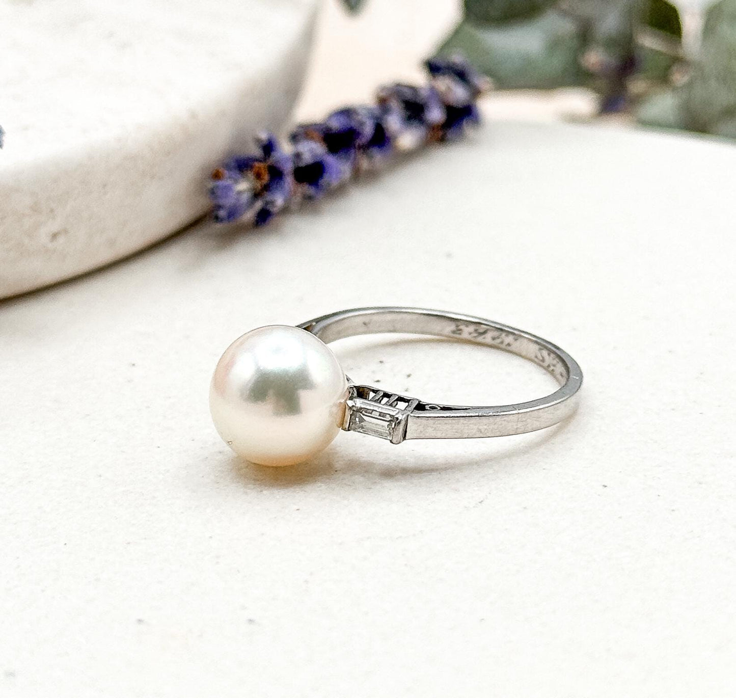 Vintage Pearl Ring with Baguette Diamonds in Platinum