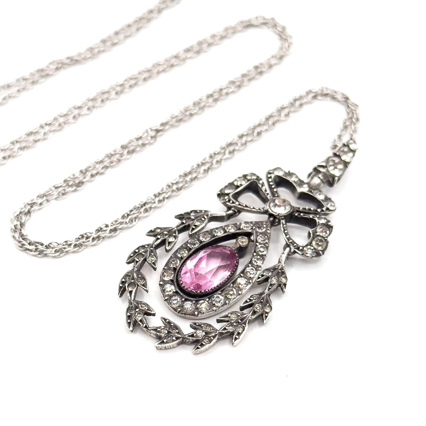 Antique Edwardian Paste Pendant: Sterling Silver Bow, Garland Style, 24" Chain
