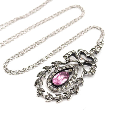 Antique Edwardian Paste Pendant: Sterling Silver Bow, Garland Style, 24" Chain