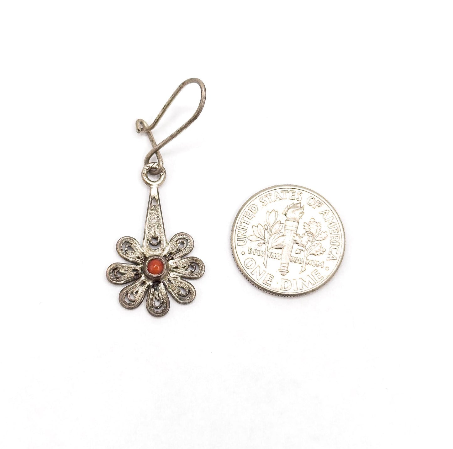 Vintage Flower Filigree Drop Earrings with Red Coral cabochon stamped 800 Silver