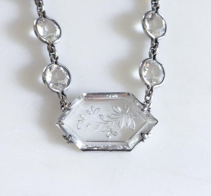 Long Art Deco Glass Paste Floral Necklace 1920s Cut Glass