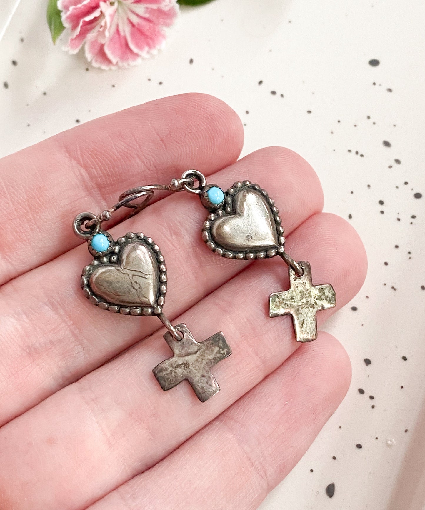 Vintage Silver heart & cross dangle earrings with Turquoise