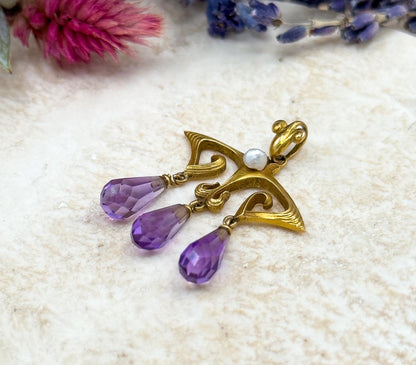 Antique Art Nouveau Pendant w Amethyst Briolette Drops in 14K Yellow Gold Jugenstil