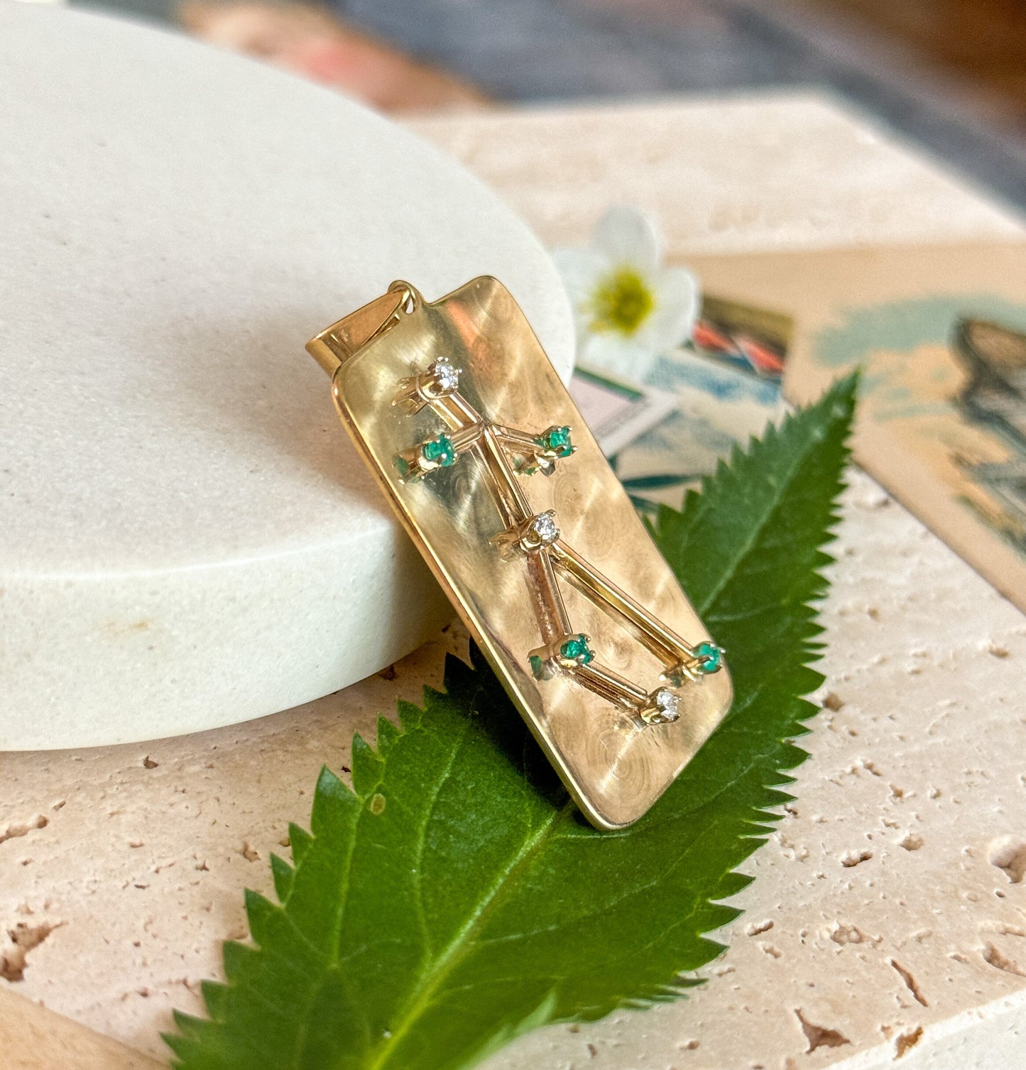 Unique Vintage Figure Pendant with Emerald & Diamonds in 14K Gold