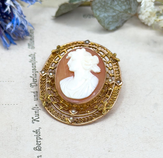 Antique Diana Cameo Brooch: 10K Gold Filigree, Seed Pearls