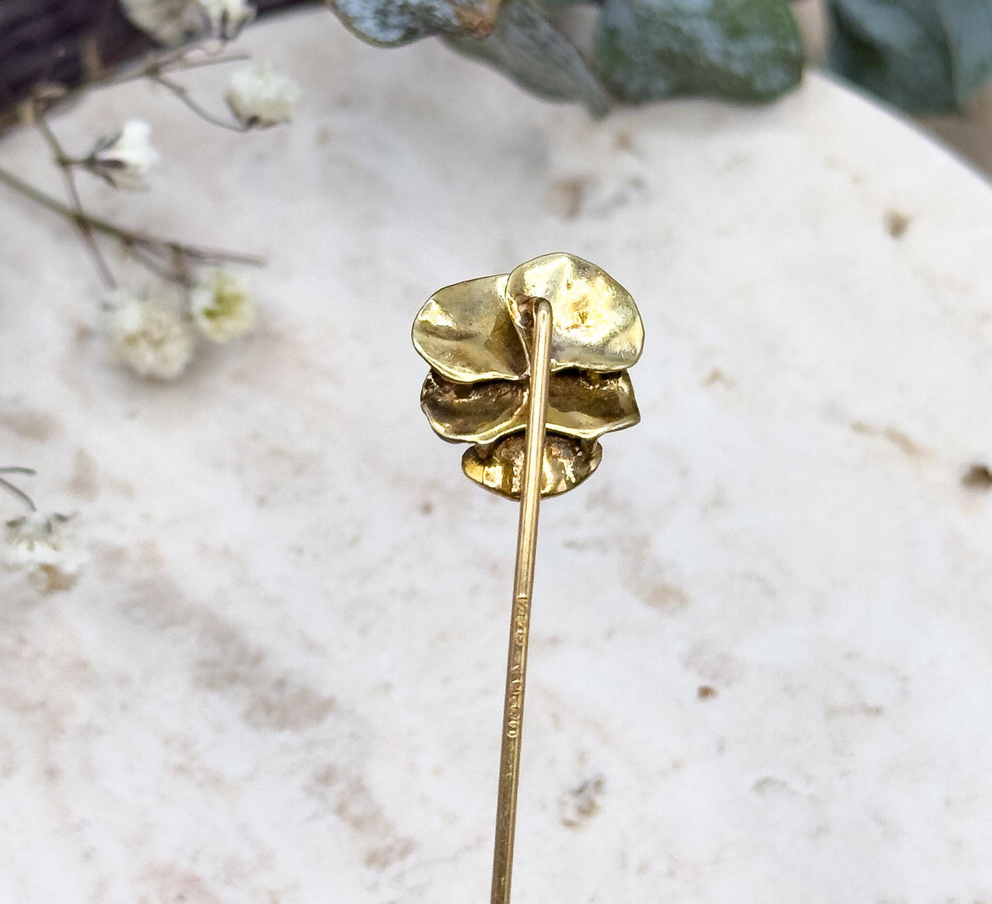 Victorian Pansy Stickpin with Antique Diamond in 14K Yellow Gold Purple Enamel