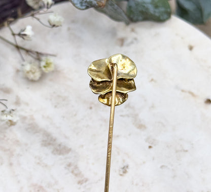 Victorian Pansy Stickpin with Antique Diamond in 14K Yellow Gold Purple Enamel
