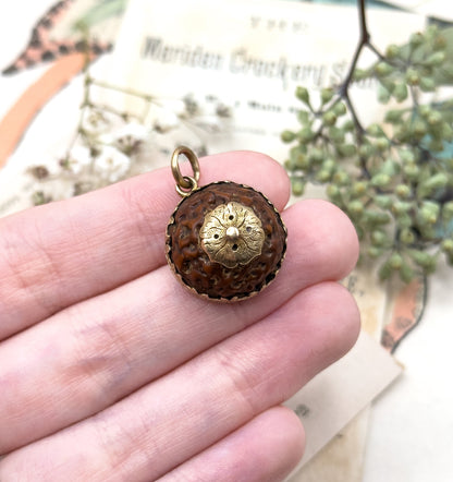 Antique Rudraksha and Carnelian Locket, Georgian Locket Victorian Locket 15K Prayer Seed Pendant Circa 1830s 1850s