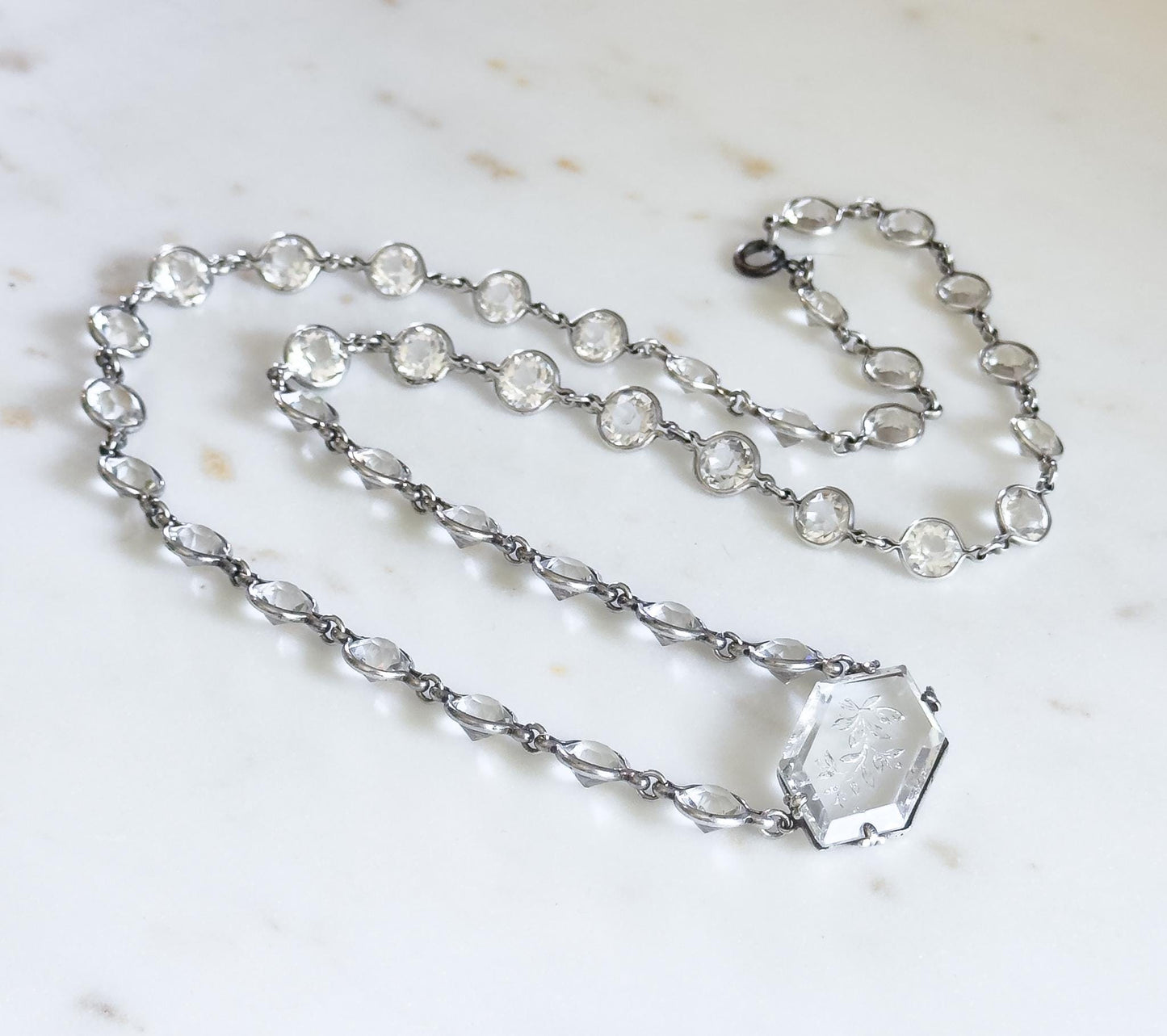 Long Art Deco Glass Paste Floral Necklace 1920s Cut Glass