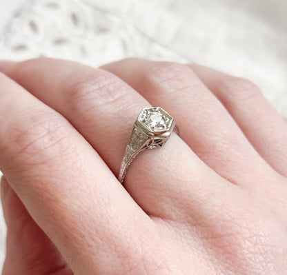 Art Deco Platinum Diamond Ring Filigree Hexagon Setting 1920s Engagement Ring Half Carat Round Brilliant Size 6.75 Vintage Bridal