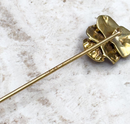Victorian Pansy Stickpin with Antique Diamond in 14K Yellow Gold Purple Enamel
