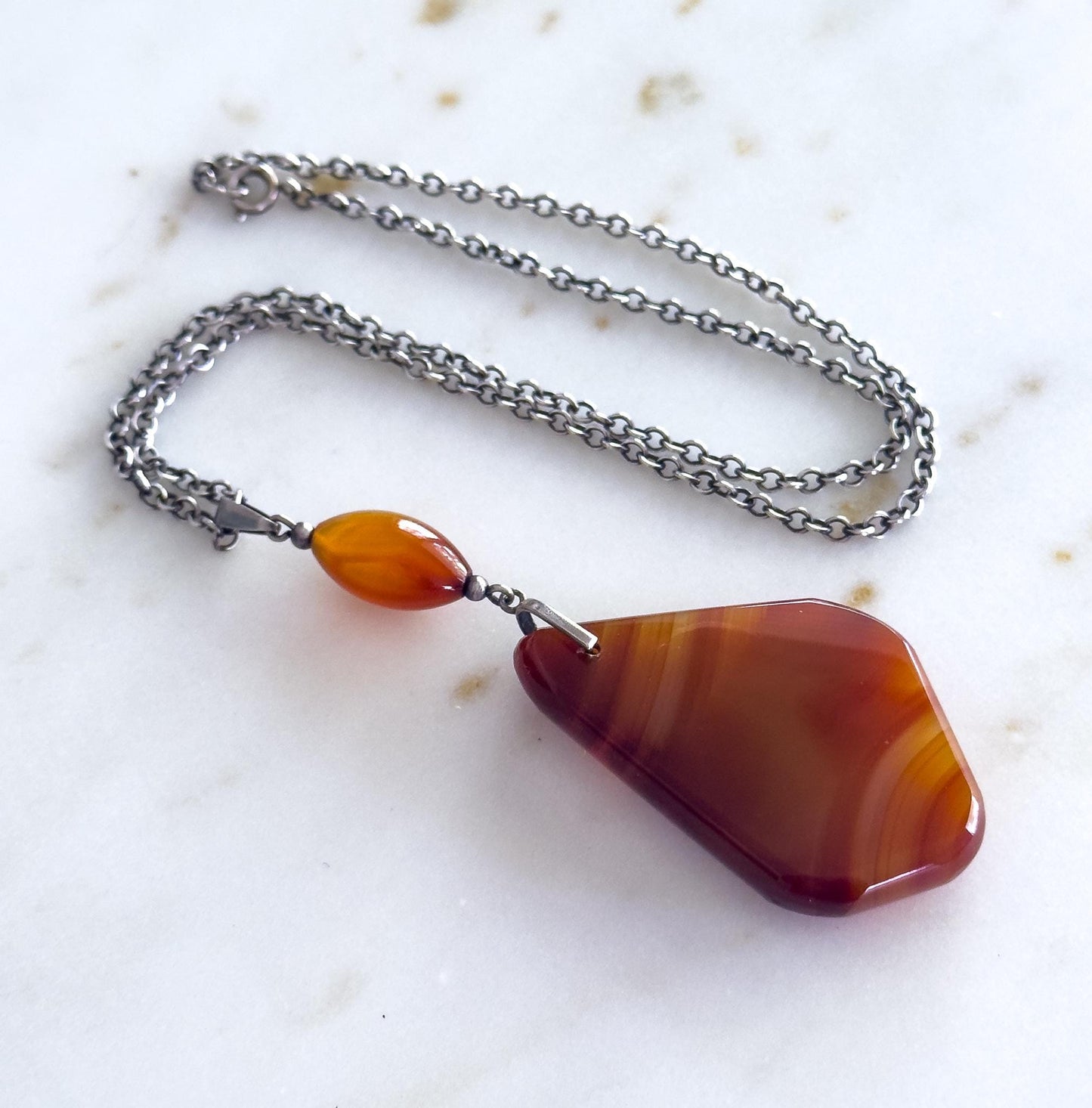 Vintage Banded Agate Freeform Stone pendant necklace in Sterling Silver