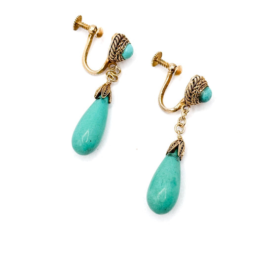 Antique Vermeil Silver Turquoise Stone Drop Earrings - Cannetille Filigree