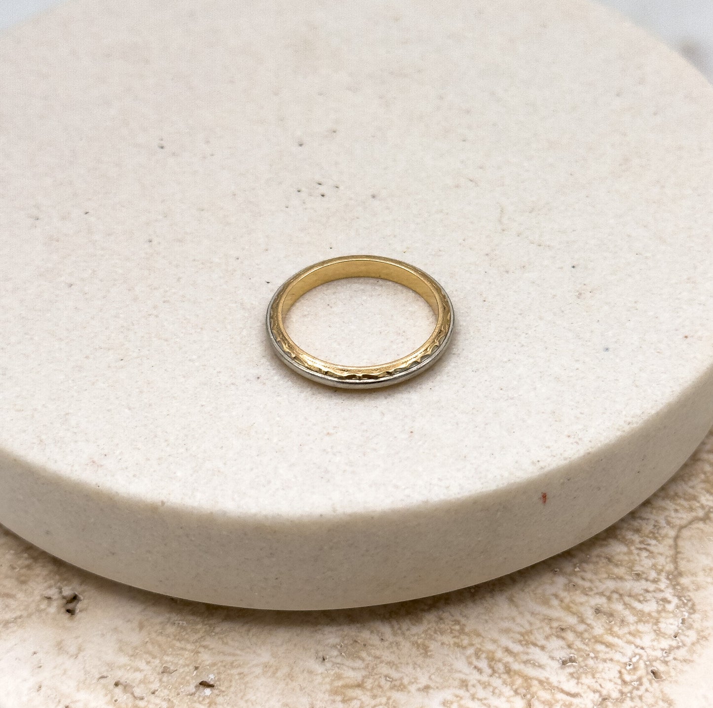 Vintage Midcentury Ring Two Tone Gold 14K Gold Engine Turned Vintage Ring