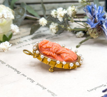 Antique Carved Coral Cameo Pendant Cameo Brooch in 18K Yellow Gold w Seed Pearl halo