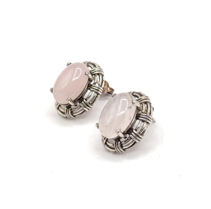 Vintage Rose Quartz Sterling Silver Stud Earrings: Basket Setting